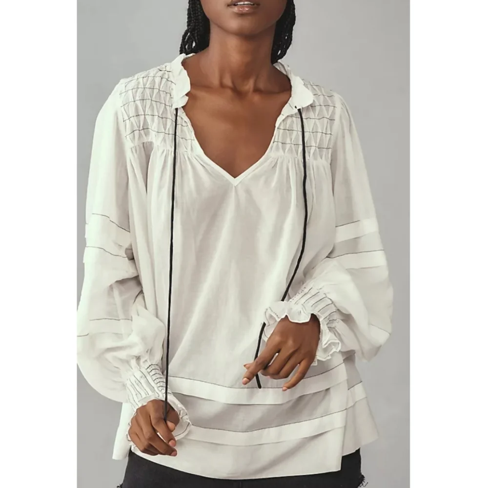Anthropologie Blouse White Cotton‎ Smocked Peasant Long Sleeve